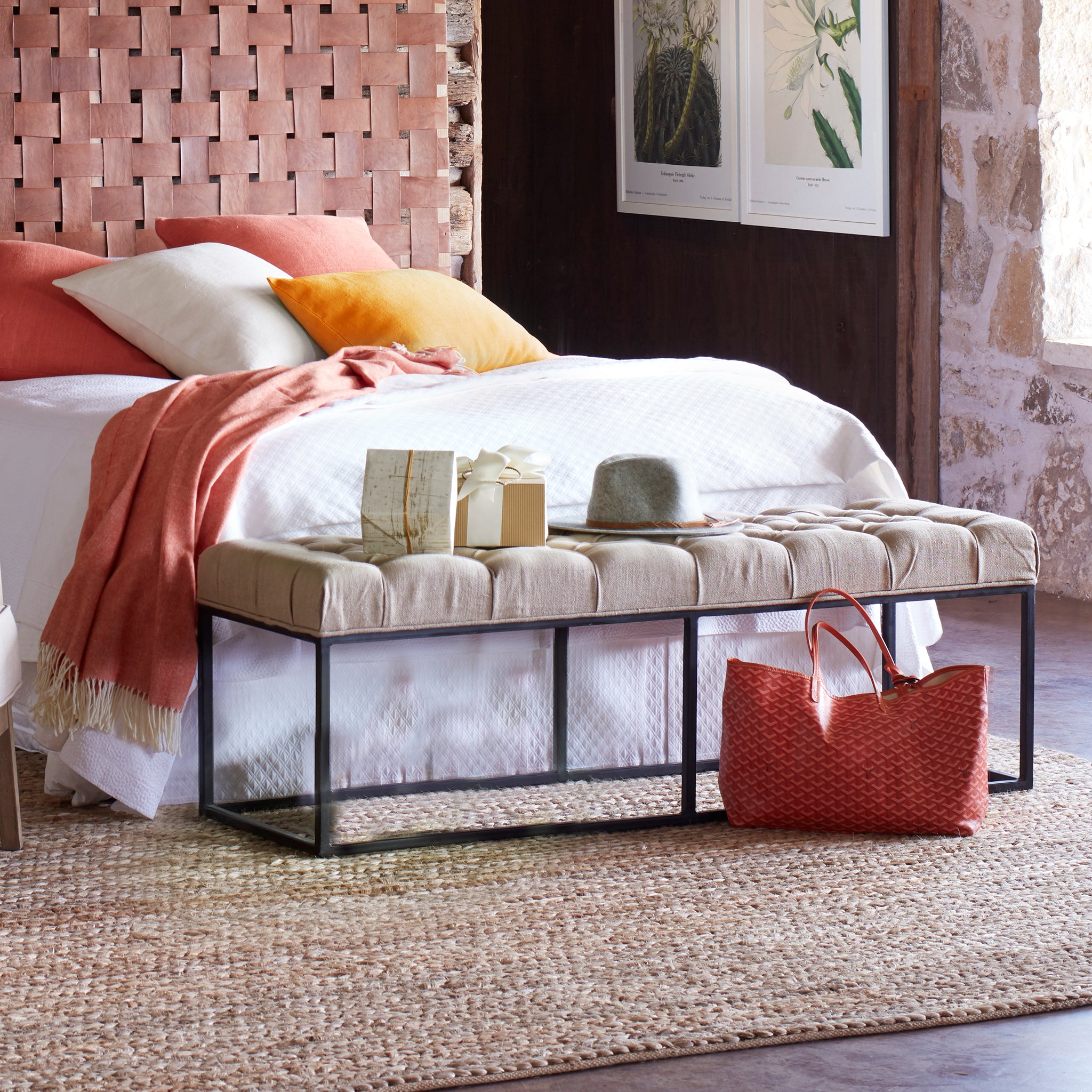 Tufted Linen Bench